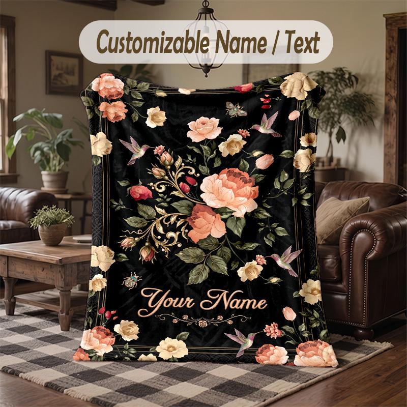 Floral Elegance Frame 1 Theme Throw Blanket Custom Name Text Personalized Blanket Soft Cozy Blanket for Home Sofa Bed