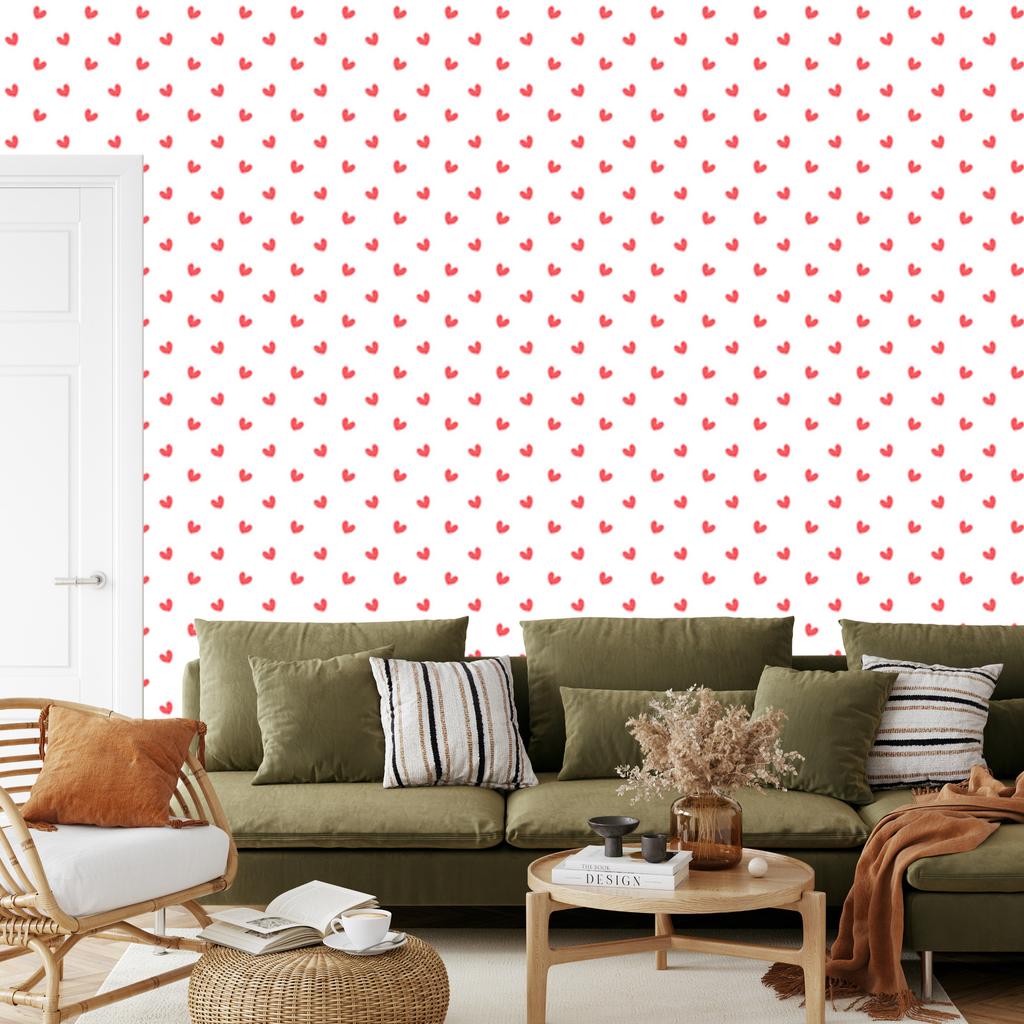 Hearts Wallpaper White and Coral 50x1000