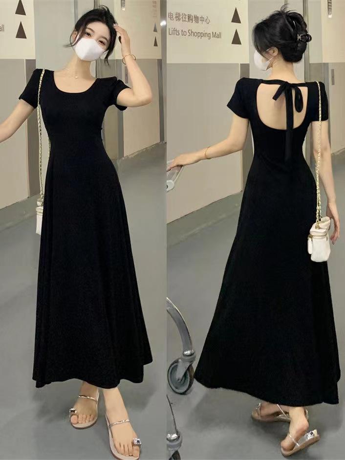 French Retro Hepburn Black Halter Dress, Summer Slim-fitting Waist and Thin Dress