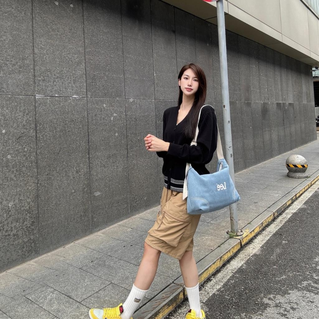 New Lee Fabric+Artificial Leather Crossbody Bags Large Women's Light Denim Blue LE240072M-521