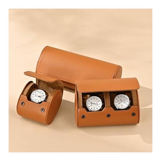 Used Oirlv Watch Case for 2 Watches, PU Leather, Cylindrical, Lightweight, Compact, for Couples, Brown
