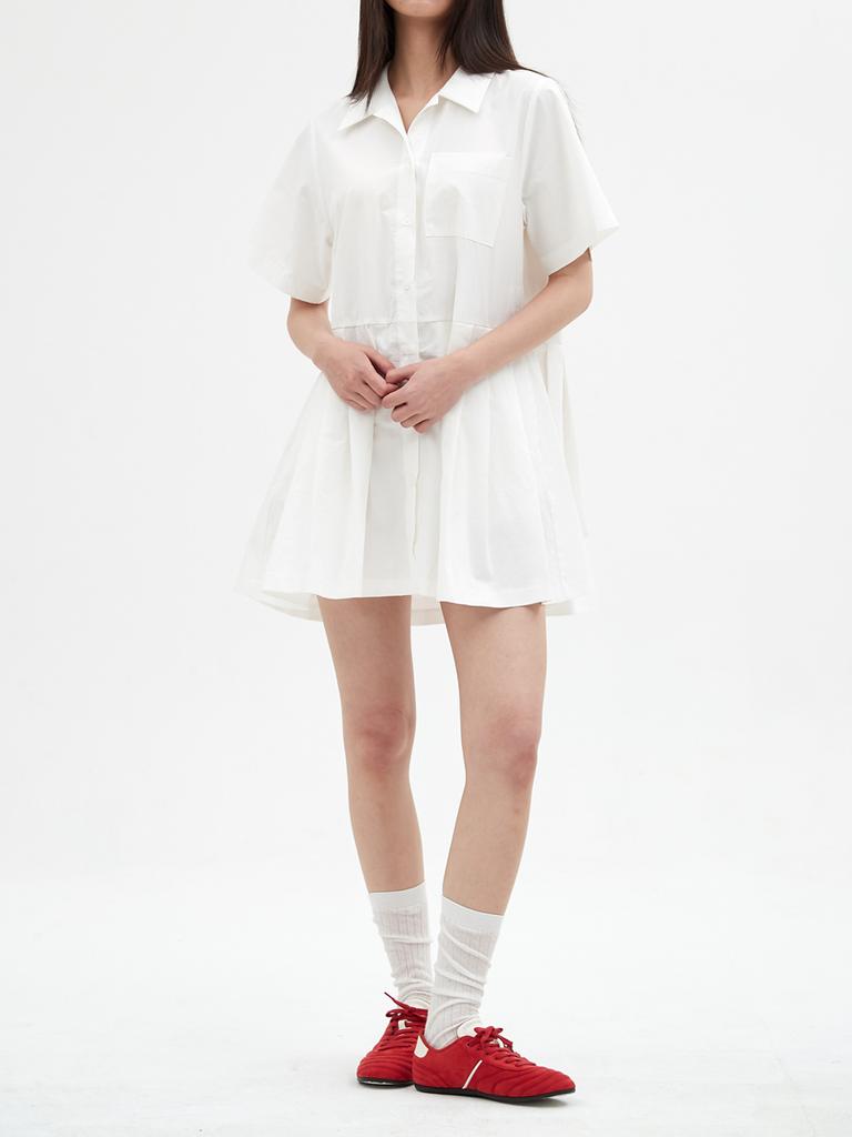 Elssibeui Pleated Skirt Shirt Dress_White