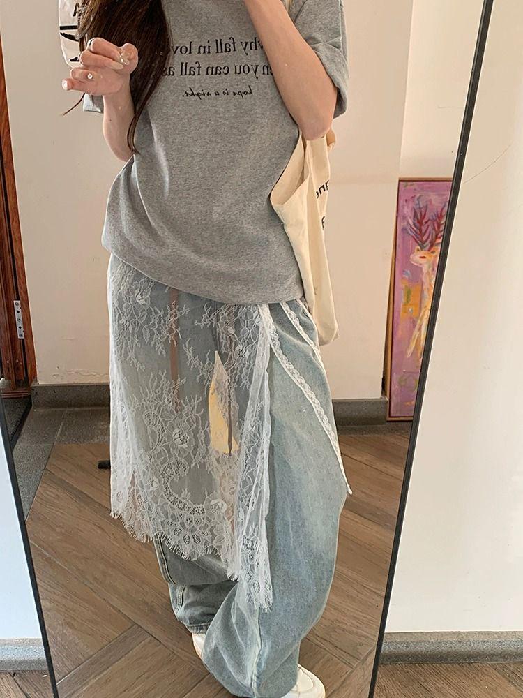 Celebrity-Inspired Floral Lace Layered Midi Skirt with Tie-Up and Split Design