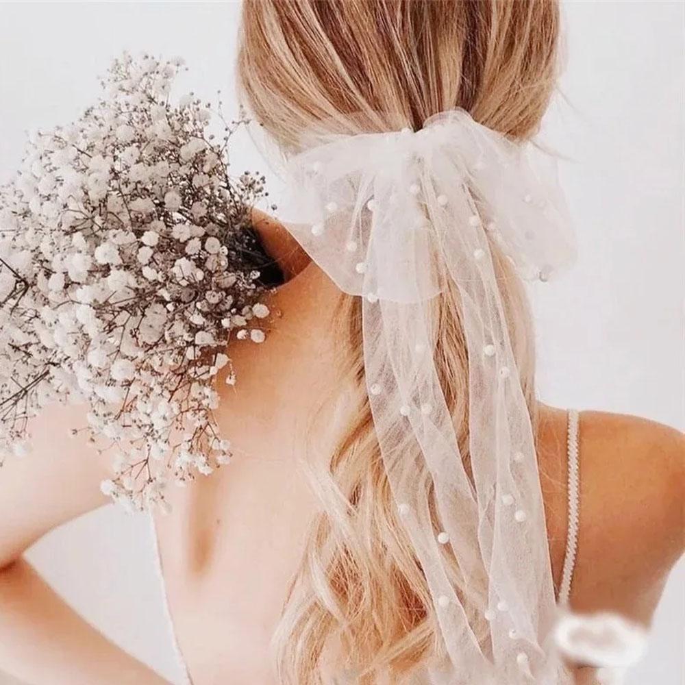 Pearl Beaded Bow-knot Bridal Veil Women Marriage Wedding Accessories