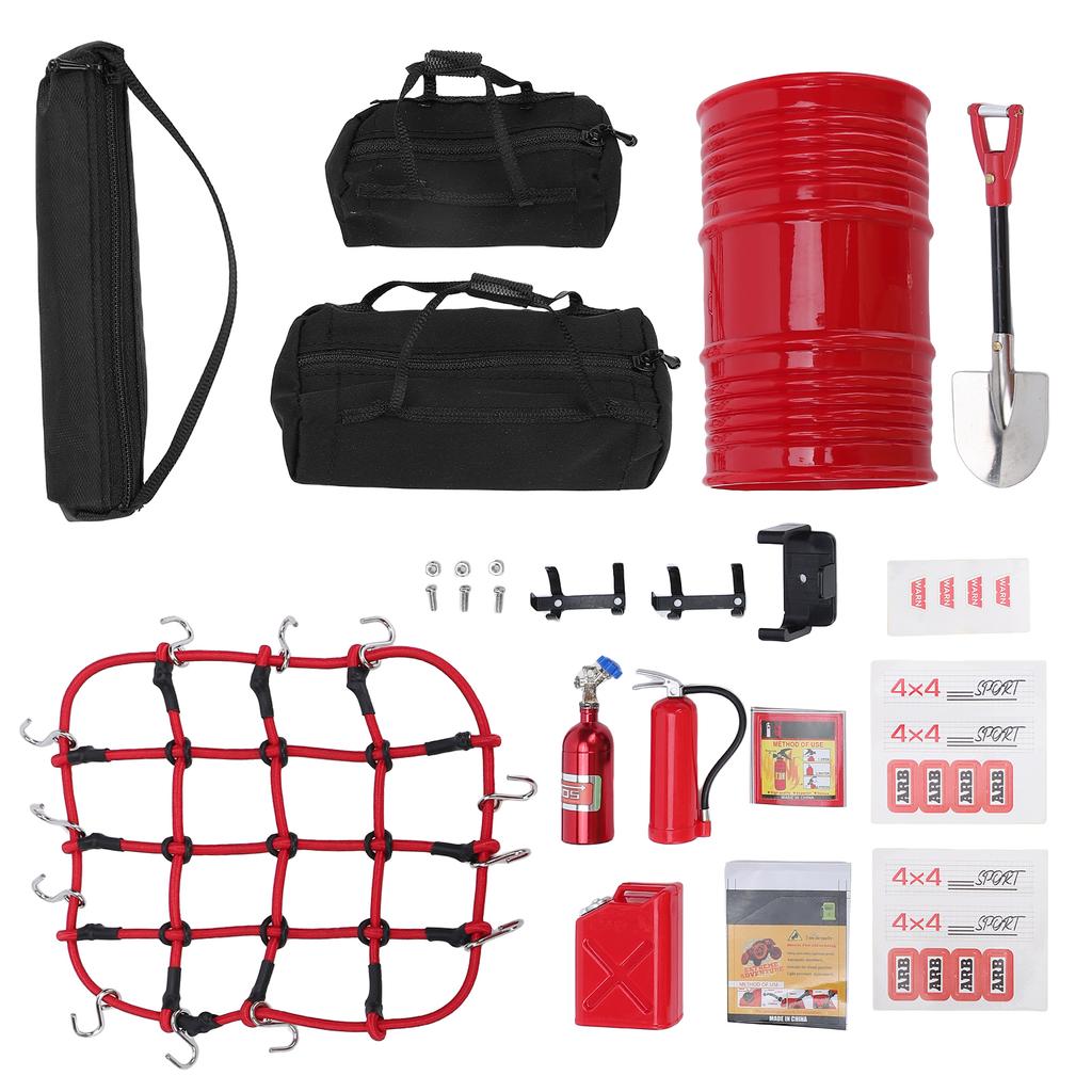 Simulation Decor Set, Includes Bags, Luggage Net, Fuel Tank, Oil Drum, Jack, Fire Extinguisher and Shovel for 1:10
