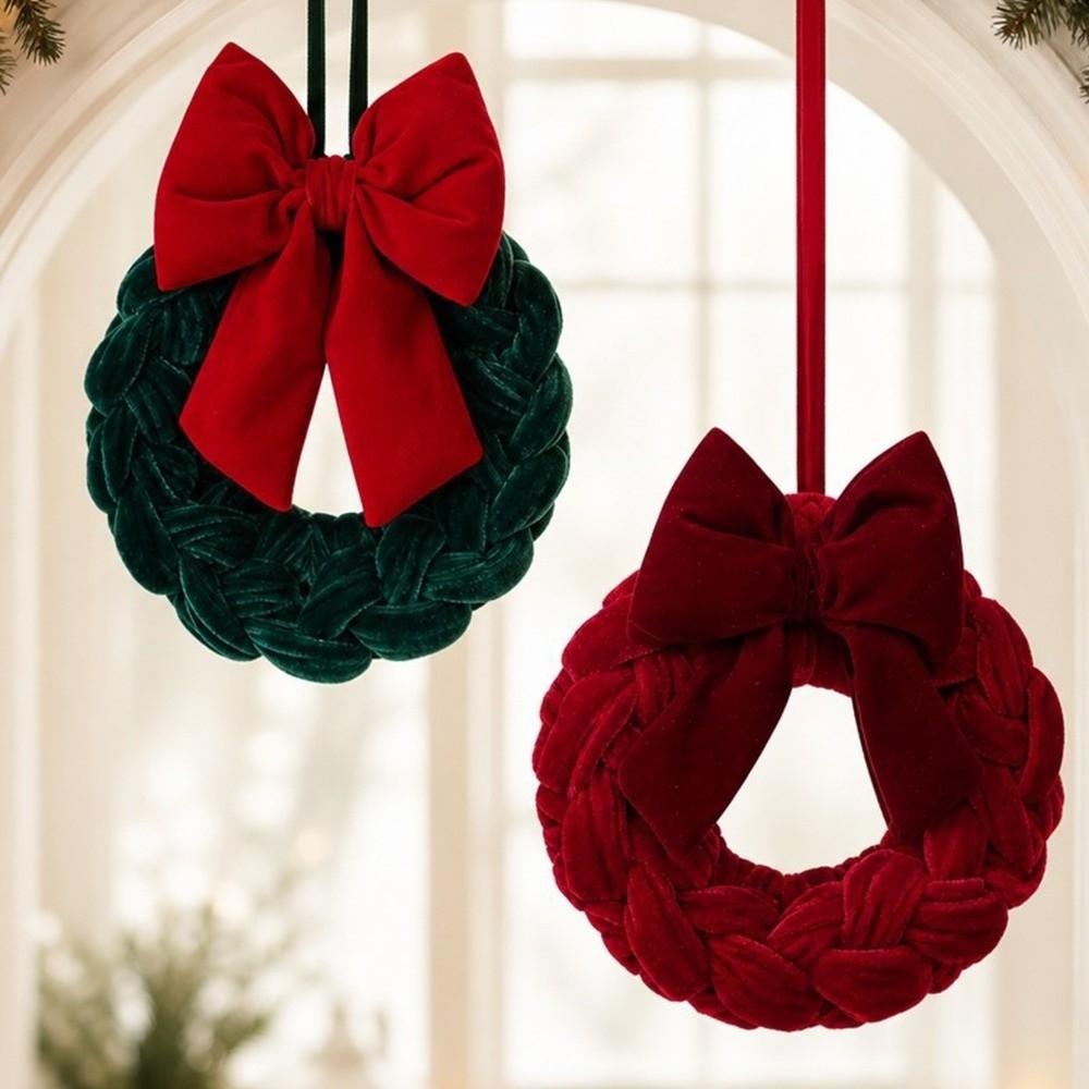 Handmade Bowknot Wreath Hanging Ornament Plush Christmas Wreath Door Decor Wall Decor