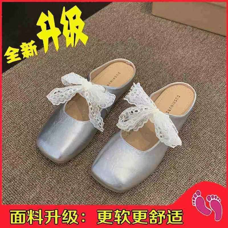 French temperament bag head half bow lace slippers women's outer wear 2025 spring new Xiaoxiangfeng square head sandals