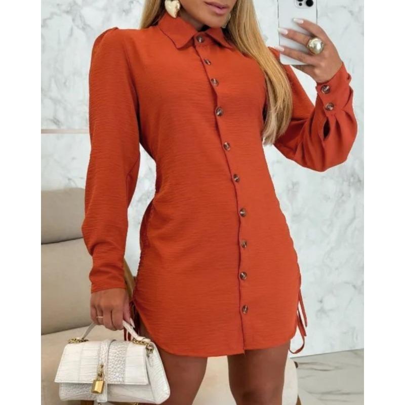 YYFS Women's Fashion Spring Fall Solid Color Print 3/4 Sleeves POLO Neck High Waist Casual Dresses