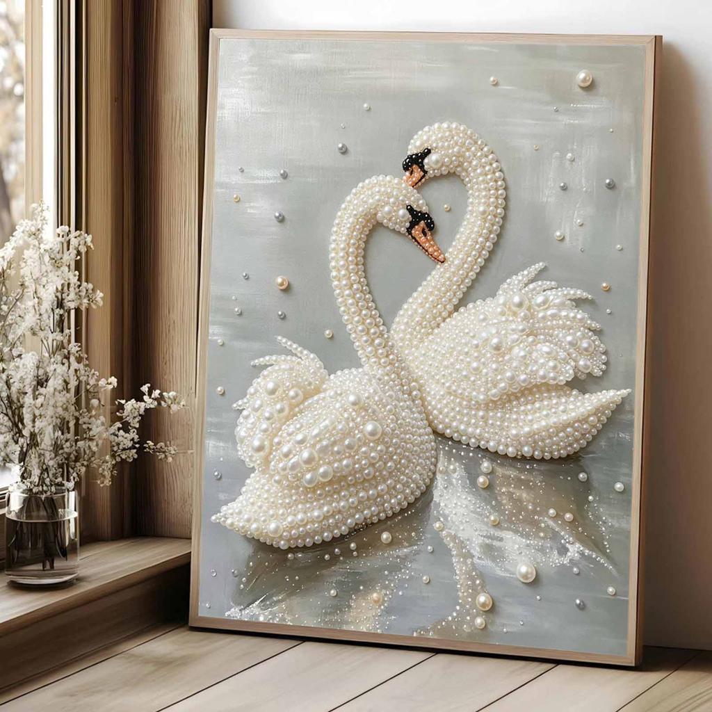 Elegant White Swan Pearl Bead Painting Kit with Frame Sparkling Canvas Art Romantic Bedroom Decor Gift for Adults Home Wall Decor