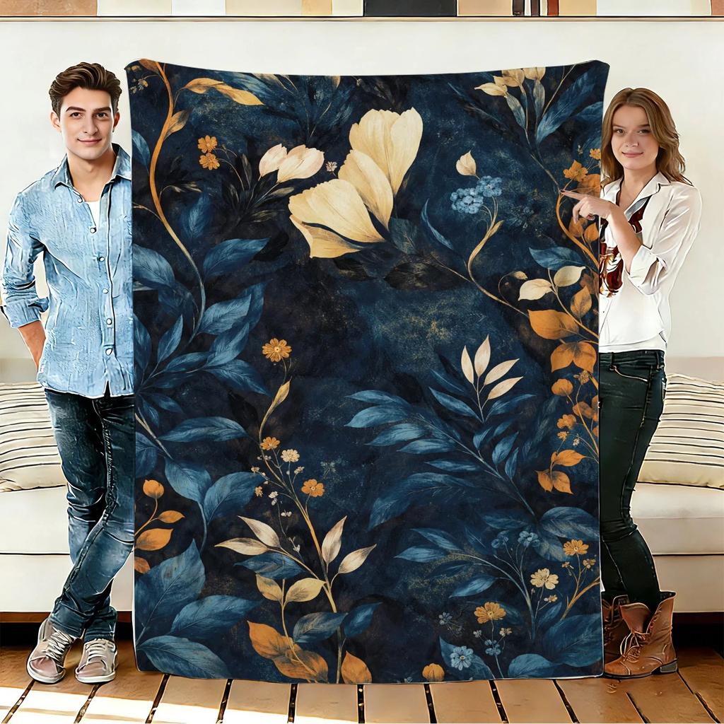 Blue and Gold Floral Flannel Blanket Soft Cozy Throws Napping Travel Use