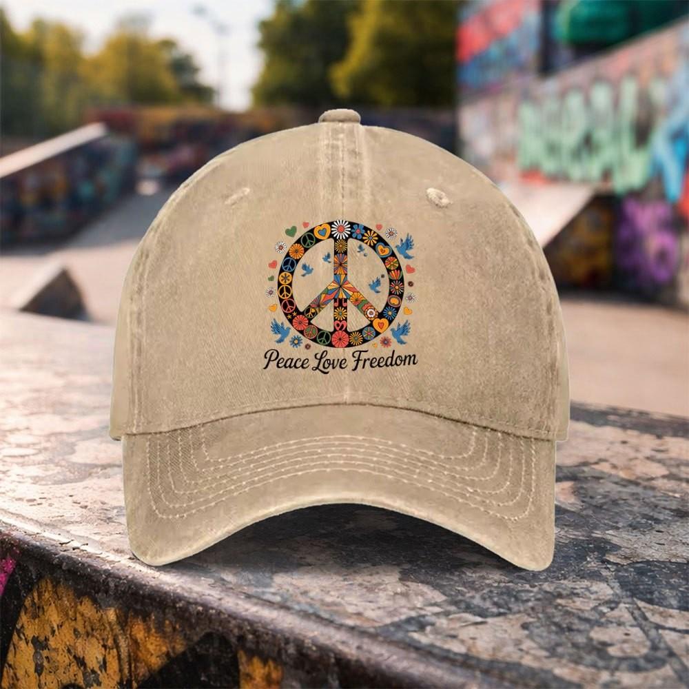 Peace Love Freedom Hippie Baseball Cap Washed Cotton Vintage Style Outdoor Adjustable Sports Hat