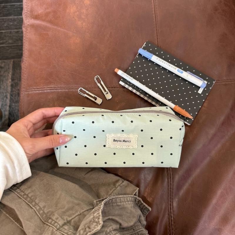 Fashion Korean Polka Dot Solid Color Pencil Case Student Stationery Large Capacity Storage Pen Bag Cute Girl Makeup Bag Gift