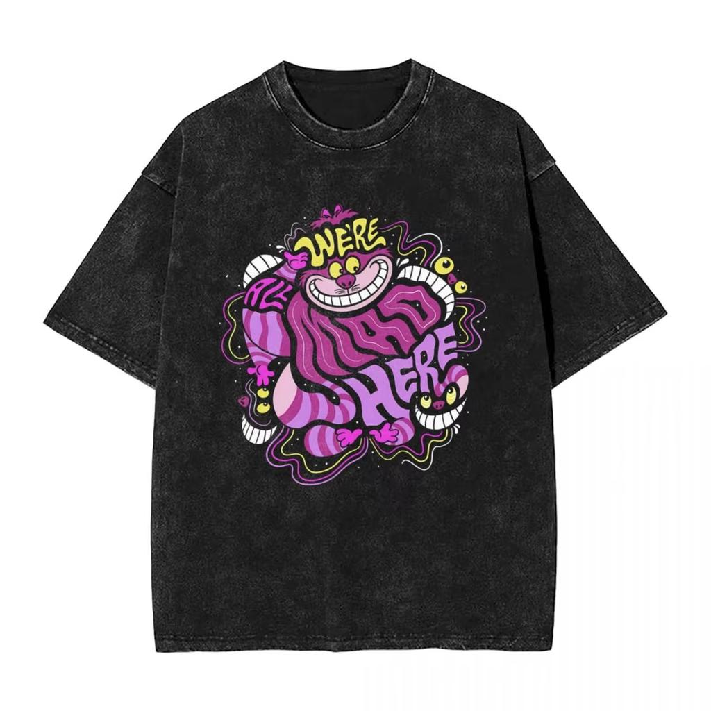 Alice In Wonderland Cheshire Cat Woman Men O-neck Cotton Vintage Washed Graphic Print T-Shirt Men Women Harajuku Y2K Fashion Loose Casual Oversize Top