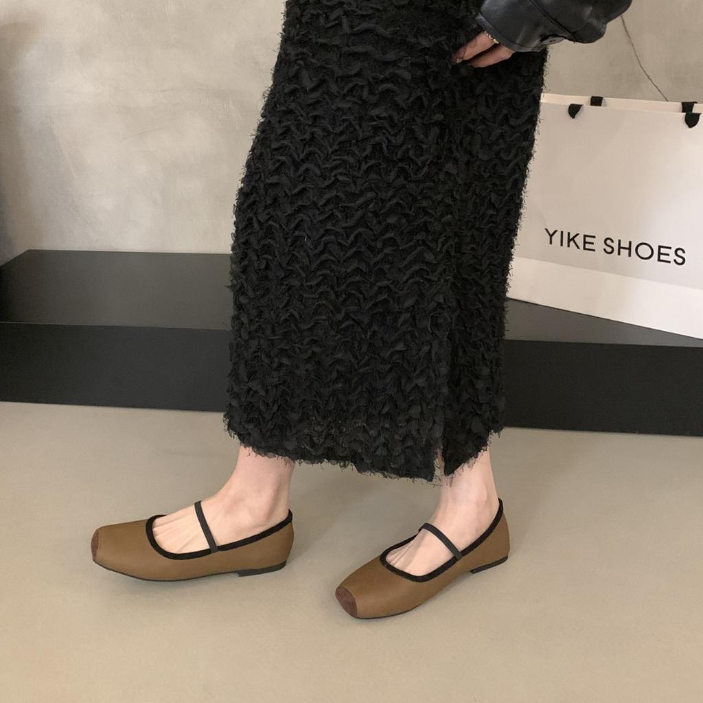 French Retro Simple Word with Square Head Shallow Mouth Single Shoes Women's 2025 Spring and Autumn New Lazy Flat Ballet Shoes