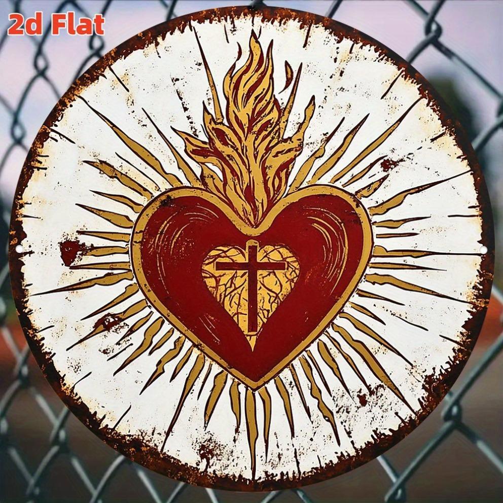 Sacred Heart in Flames Aluminum SignVintage Gold Fire Red Ribbon Design Durable IndoorOutdoor Wall Art for HomeCafe Garage