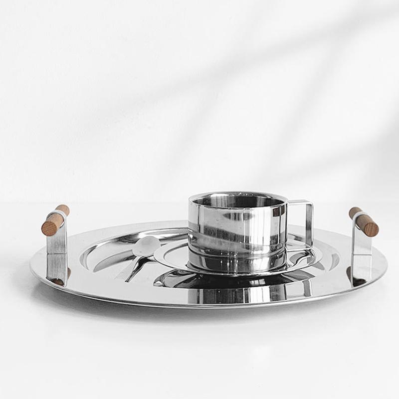 1PC Electroplating Color Decoration Stainless Steel Scandinavian Storage Round Tray Ins Wind Round Tray Wooden Handle