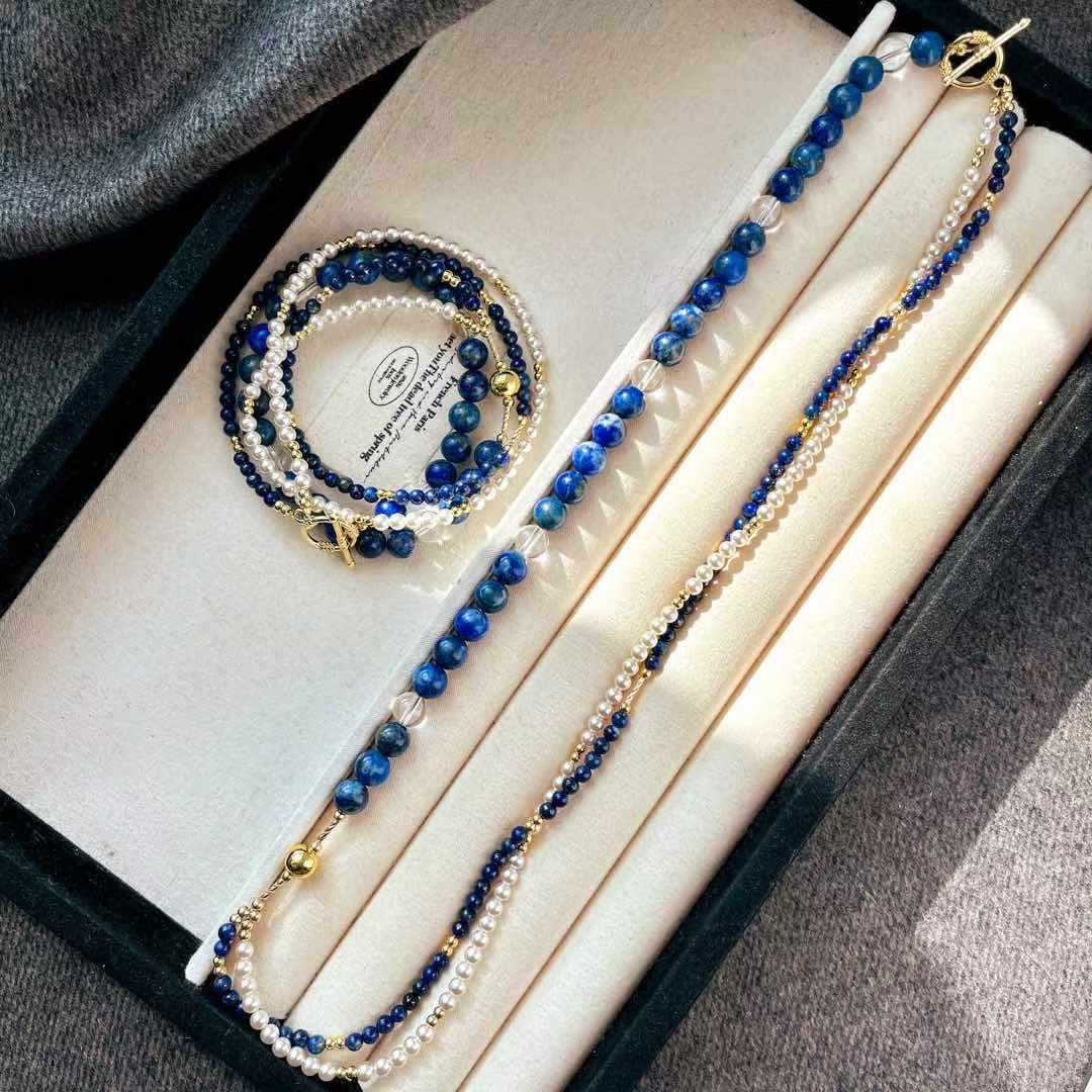 Vintage Artificial Crystal Pearl Natural Lapis Lazuli White Crystal Design Double Layer Necklace Collarbone Chain