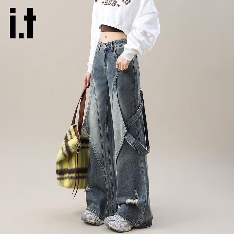 

Izzue IT Women s Strap Detail High-Waist Straight Wide-Leg Jeans L