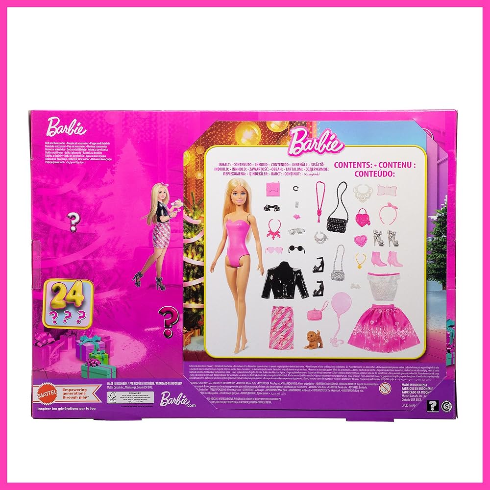 Barbie Advent Calendar with Doll and Accessories for Pretend Play Ages 3 and Up Pink