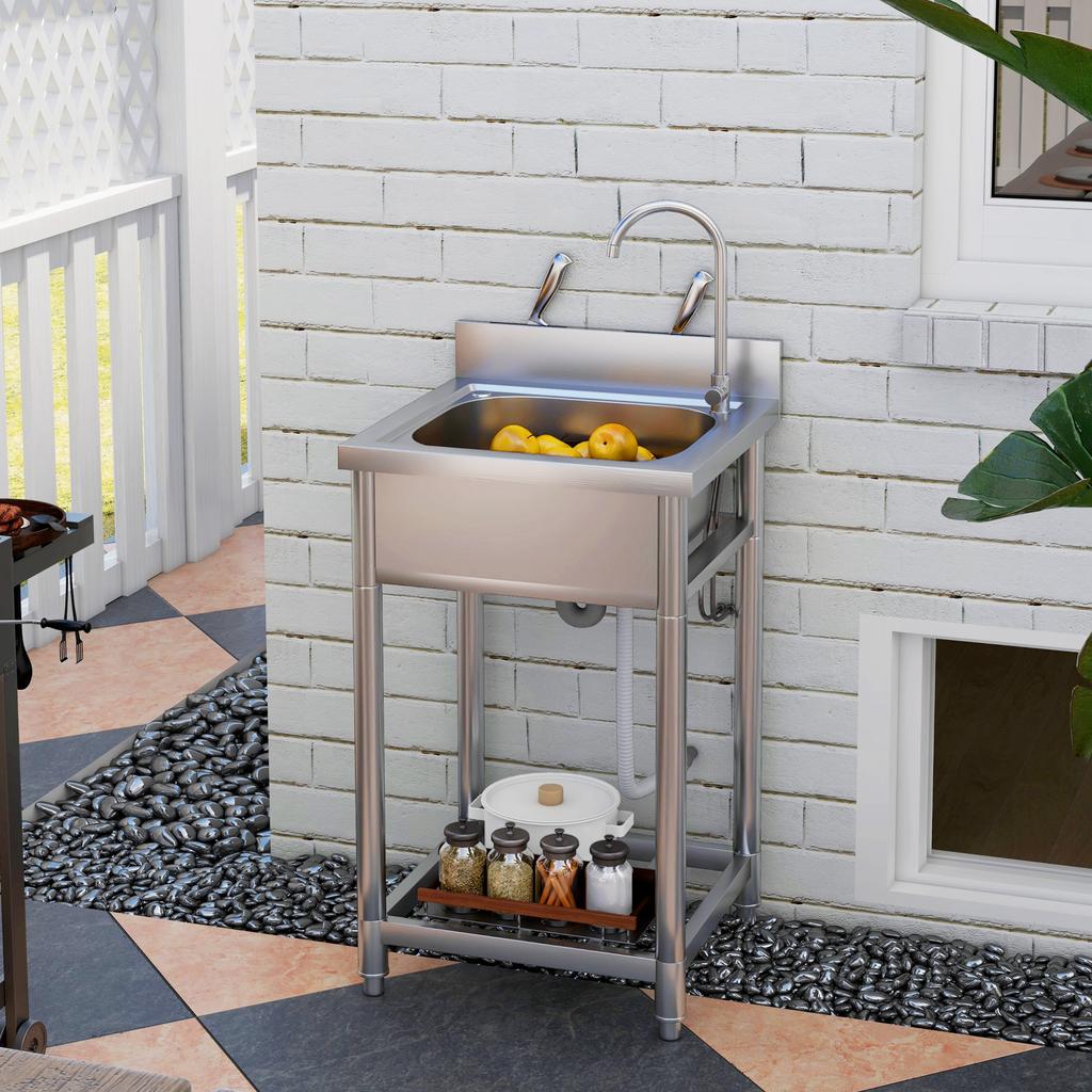 Outdoor Utility Sink, Stainless Steel Free Standing Single Bowl Kitchen Sink with Cold and Hot Water Pipe and Storage Shelf for Laundry Garage
