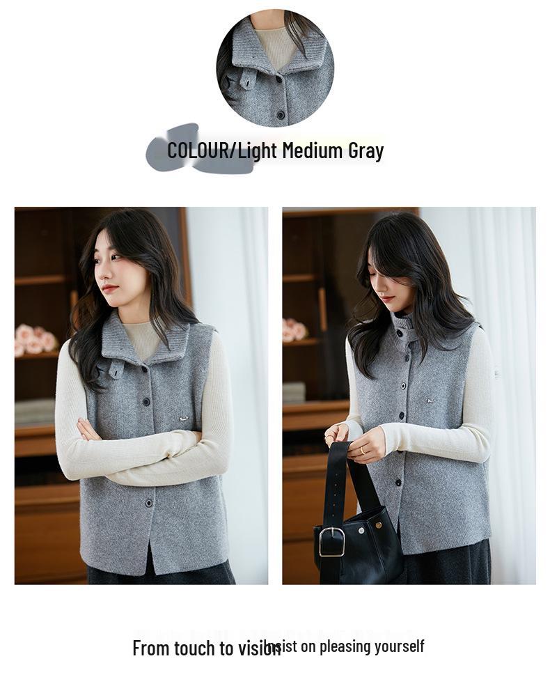 Women's 100% Cashmere Button-Up Vest, Thickened High-Neck Cardigan Sweater, Ideal for Layering As Outerwear Wool Knitwear