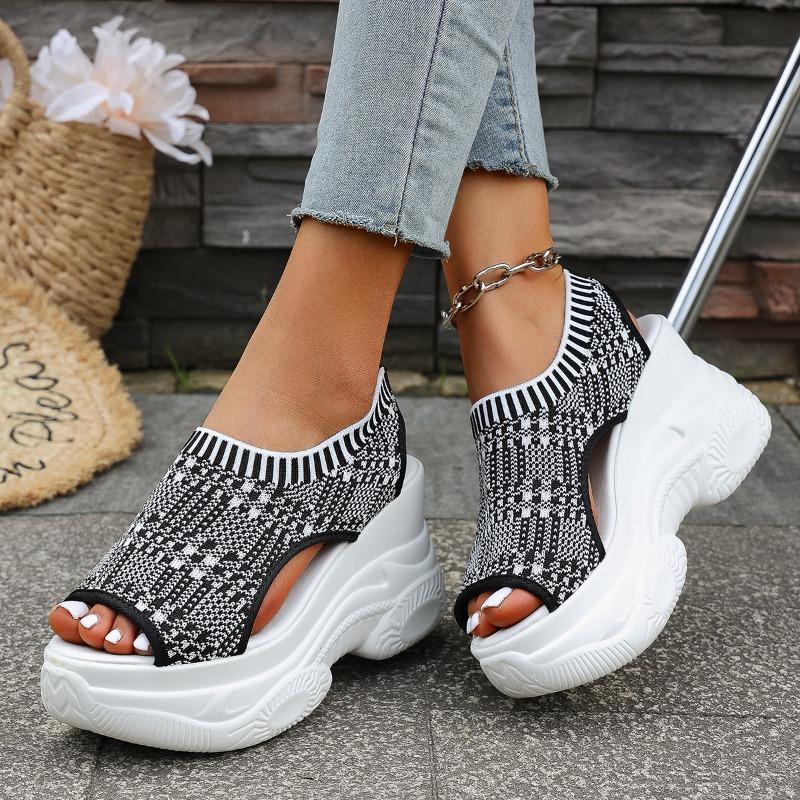 Fashion Platform Sandals with Sloping Heels Women's Round Head Open Toe Mesh Breathable Anti-slip Wear-resistant High Heels