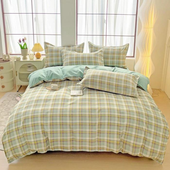 Plant Thickened Three Four Piece Bed Sheet Set Blue And White Large Grid