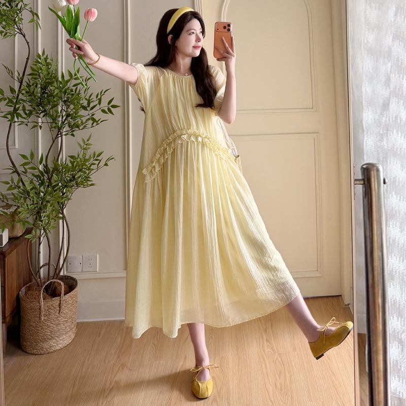 Ruffle Trim Drawstring Maternity Dress - Slimming, Conceals Flaws, Loose Fit, Gentle, Long Skirt, Summer Style Medium