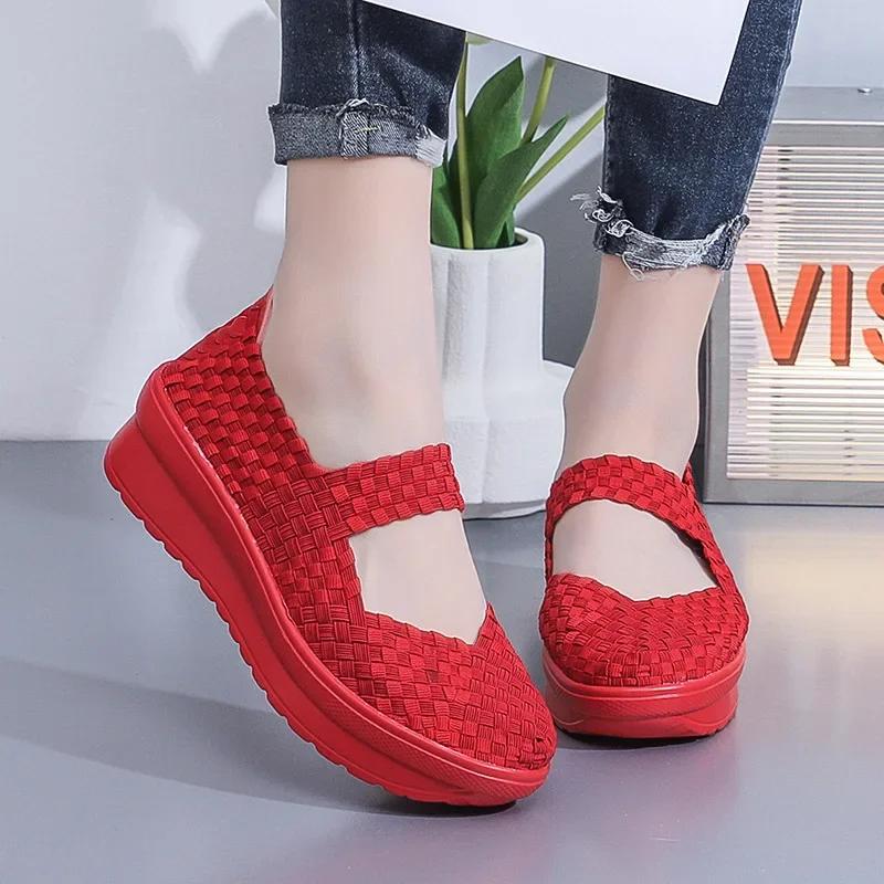Fashion Summer new handmade woven shoes mesh shoes breathable sloping heels increased height thick sole casual women's shoes