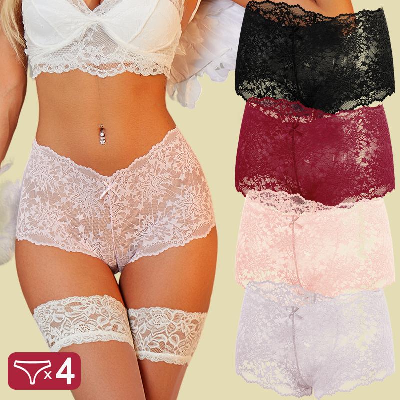 FINETOO 4Pcs/Set Women Panties Hollow Out Lace Mid Waist Elastic See-through Star Lace Four Cornered Pants Women Underpants