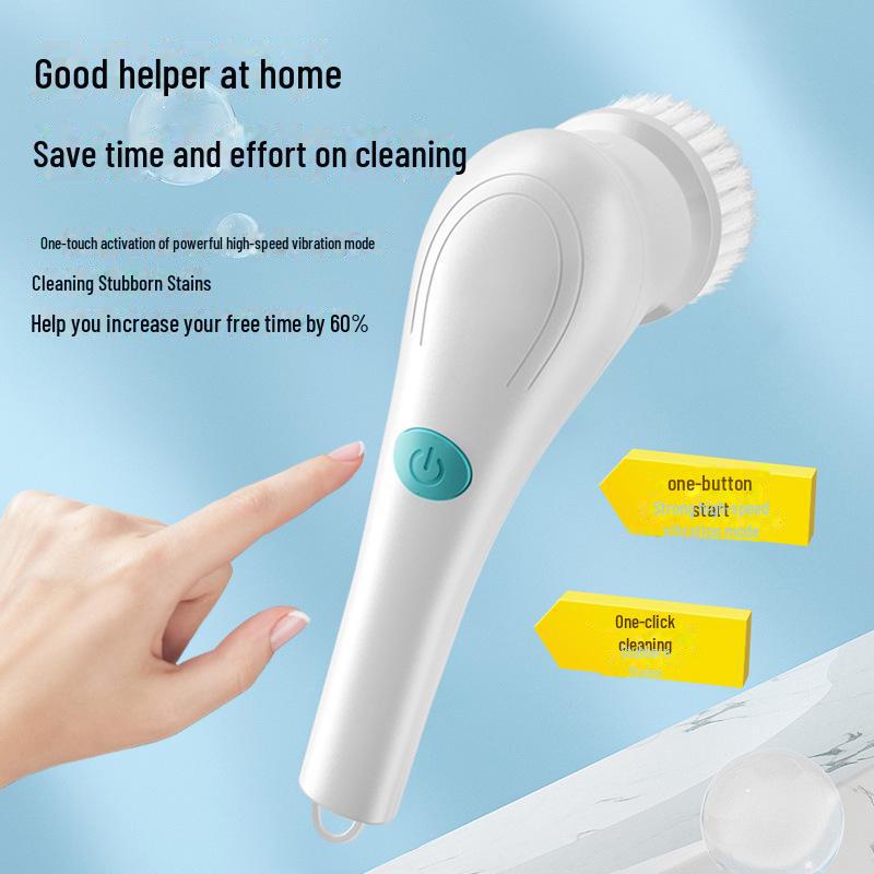 Electric Cleaning Brush with Steel Wool & 5 Brush Heads - Long Handle Handheld Kitchen & Dishwashing Tool