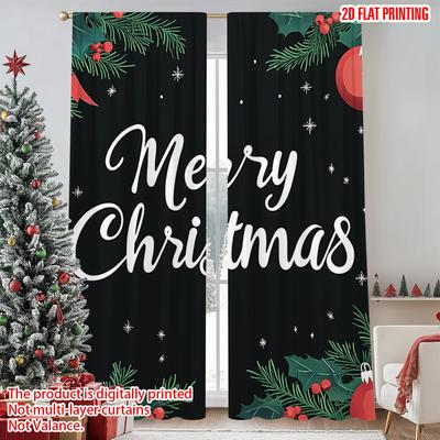 2pcs 2D Flat Printing Merry Christmas Popular Curtain Merry Christmas Leaves Versatile 100% Polyester Without Electricity Family
