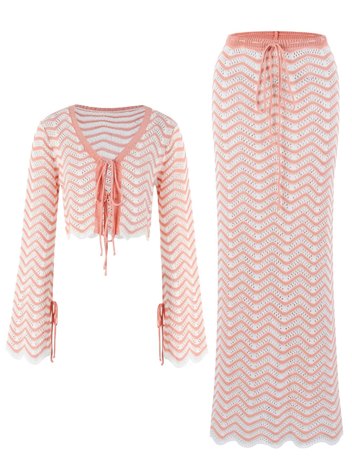 

Сексуальный вязаный топ с V-образным вырезом и длинными рукавами на шнуровке, пляжная юбка-миди, комплект из двух предметов, лето 2025, женский повседневный наряд, купальник, накидка, набор K192 L разноцветный