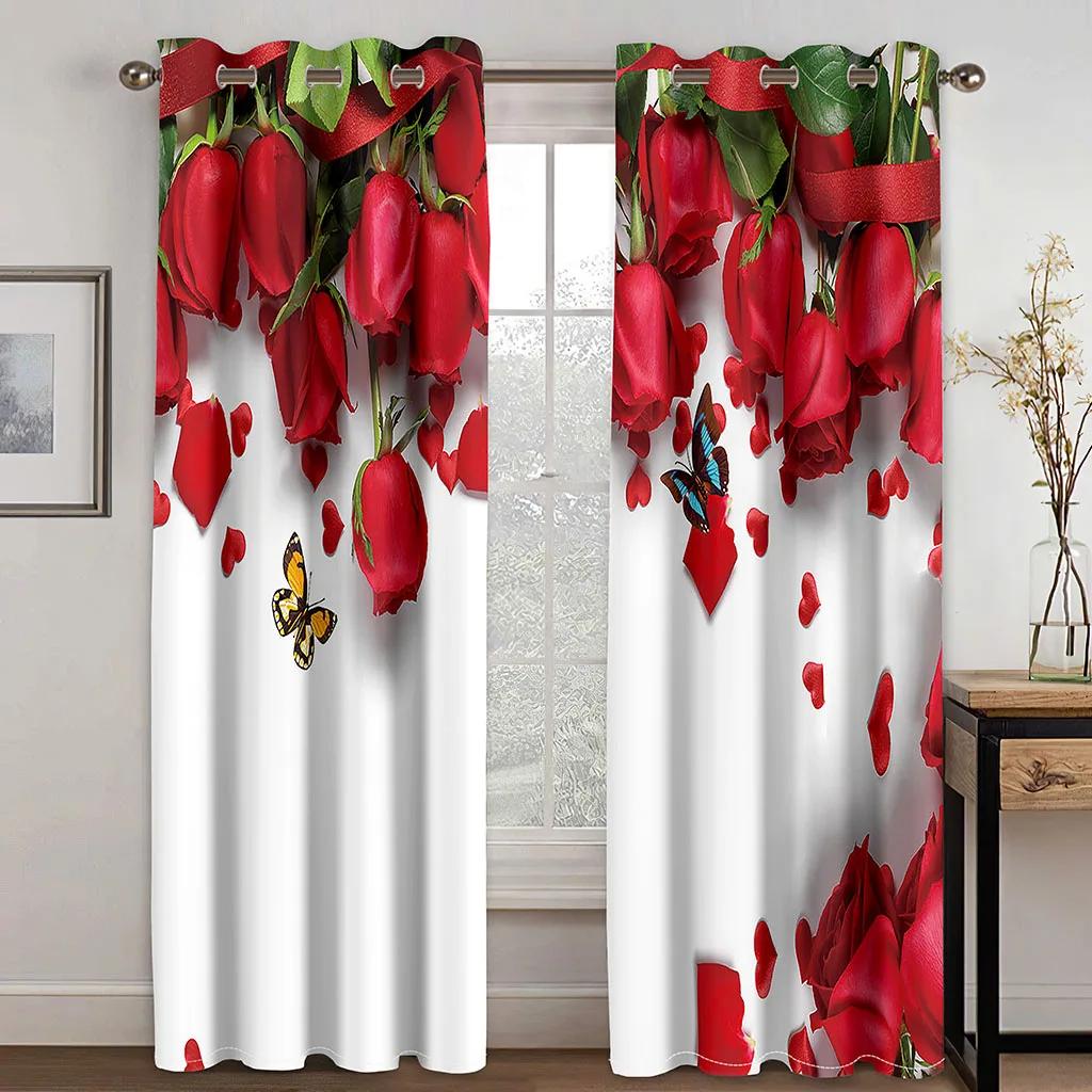 

3D Red Rose Couple Flower Romantic Modern Light Filtering Drapes Theme Decorative 2 Panels Thin Curtains For Bedroom Living Room 100W130H(CM)&Grommet Top