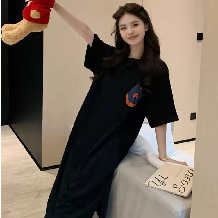 Summer Korean-style long T-shirt dress, women's loose large-sized short-sleeved slit over-the-knee dress, and a long skirt that covers the belly