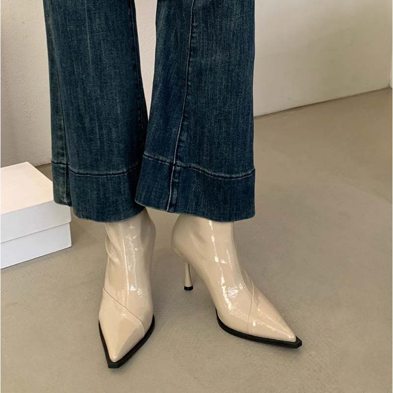 2025 Autumn and Winter New Patent Leather Pointed Thin Heel Short Boots Women's High Heel Glossy Fashion Thin Boots Feeling Boots