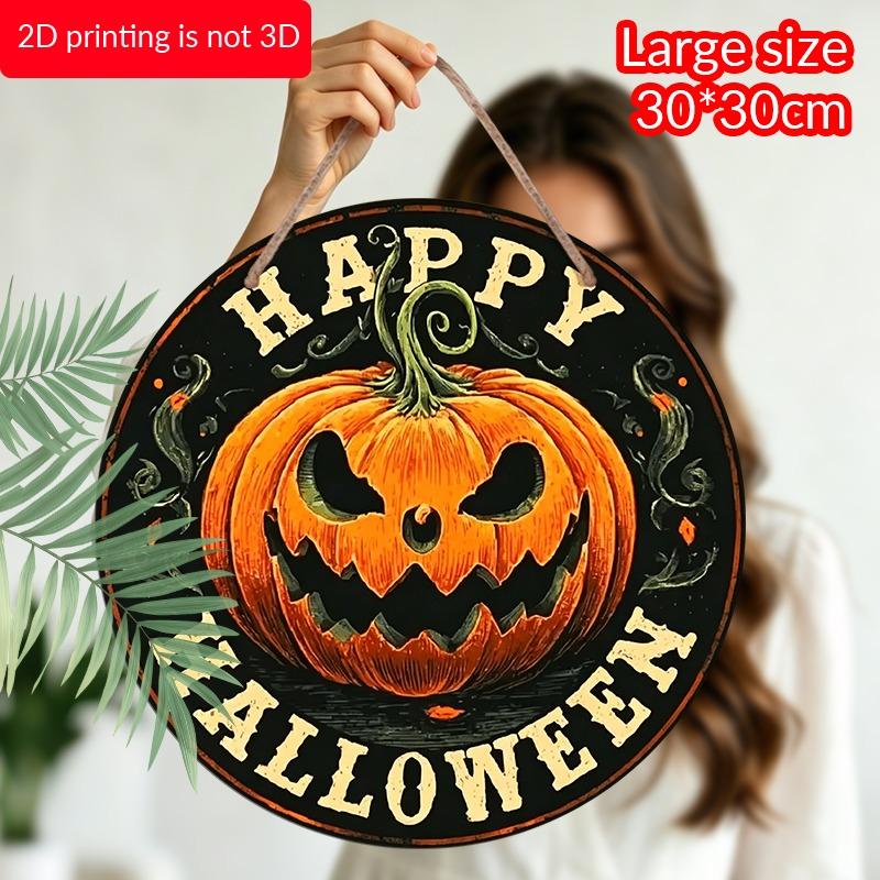 2D Flat Aluminum Decorative Plaques and Ornaments Sign, Round Metal Halloween Sign with Spiral Stem Jack Pumpkin, Distressed Rustic Wall Hanging