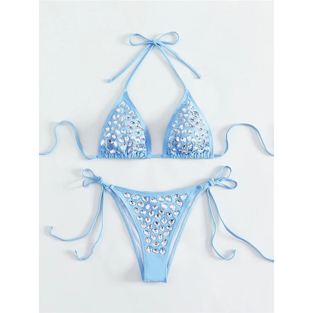 

Бриллиантовый Стразы Холтер Бикини Женский Купальник Женский Купальник Из Двух Частей Бикини Комплект С Высоким Вырезом Купальник Купальный Костюм M светло-синий