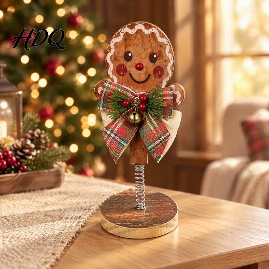 Vintage Christmas Room Decor Retro Wooden Ornaments Gingerbread Man/Reindeer/Snowman Figurine with Spring Base Nodding Elk Xmas Desktop Decorations
