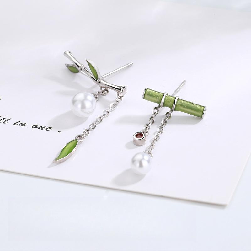 Retro Chinese Style Niche Asymmetrical Drip Glaze Bamboo Earrings Women's Small Fresh and Beautiful Fringed Earrings