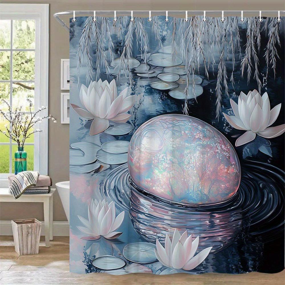 

1Pc Glowing Orb Shower Curtain - Ethereal Bathroom Decor With Glowing Orb, Water Lilies, Willow Branches & Pond Design In Pink W60H190(CM)-1 Pcs
