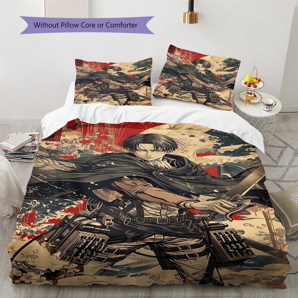 Attack on Titan Pattern Bedding,Quilt Set Quilt Cover Pillowcase Home Birthday Gift (1 * duvet cover + 2 * pillowcase, without core)