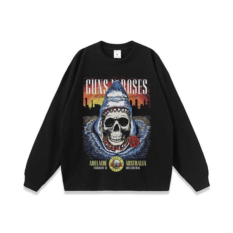 Oversized Vintage Rock Skull Print Cotton Tee Unisex Loose Fit Long Sleeve Streetwear