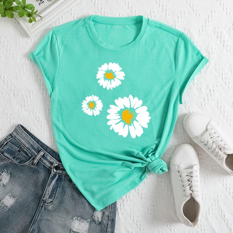 Sommer Damen T-Shirts mit Drei-Gänseblümchen-Print, locker, Rundhalsausschnitt, lässig, reine Baumwolle, kurzärmelig, Damen