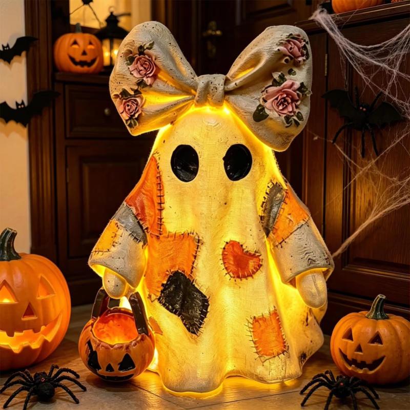 Vintage Patchwork Ghost Figurine Led Light Halloween Decor Resin Ghost Statue Holding Pumpkin Bucket Cute Ornament Party Decor