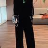 Women Plus Size Velvet 2 Piece Outfit Rhinestone Long Sleeve Top Wide Leg Pants Set