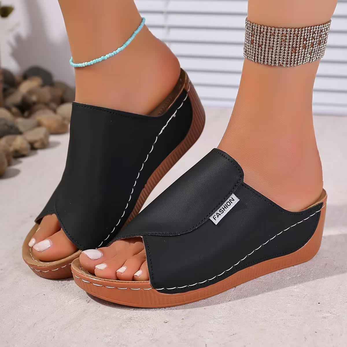 

Fashion Comfortable Soft Sole Non Slip Mom s Shoes Casual Pu Slip On Sandals Round Toe Medium Wedge Heels Slides Women 2025 Summer 36