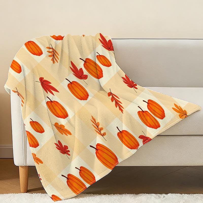 High-Density Plush Flannel Fleece Blanket Pumpkin & Maple Leaf Pattern, Soft & Skin-Friendly, Portable for Home & Car, Warm Fall Air-Condition Cover