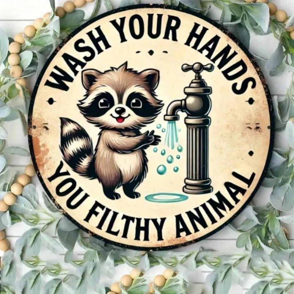 Raccoon Washing Hands Metal Sign Vintage Round Wall Art Rustic Iron Decor
