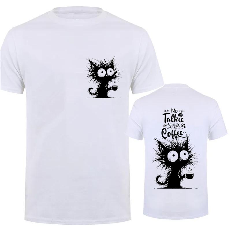 Cat Loving Coffee Print Men's T-shirt Summer Tees Comfortable Breathable Short-sleeve Top Black Cat Lovers Oversized Men T-shirt